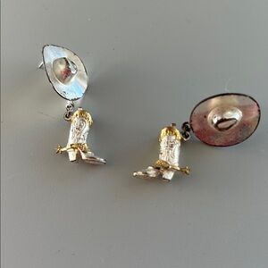 Unique Vintage Silver Gold cowboy hat and boots post earrings Western jewelry